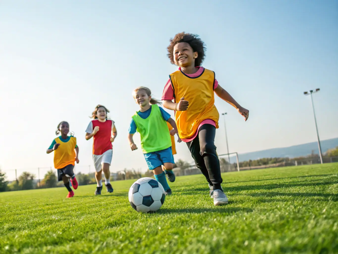 A group of children laughing and playing during a sports camp organized by OFFICE DES SPORTS DU RUFFECOIS, showcasing youth engagement and active lifestyles.