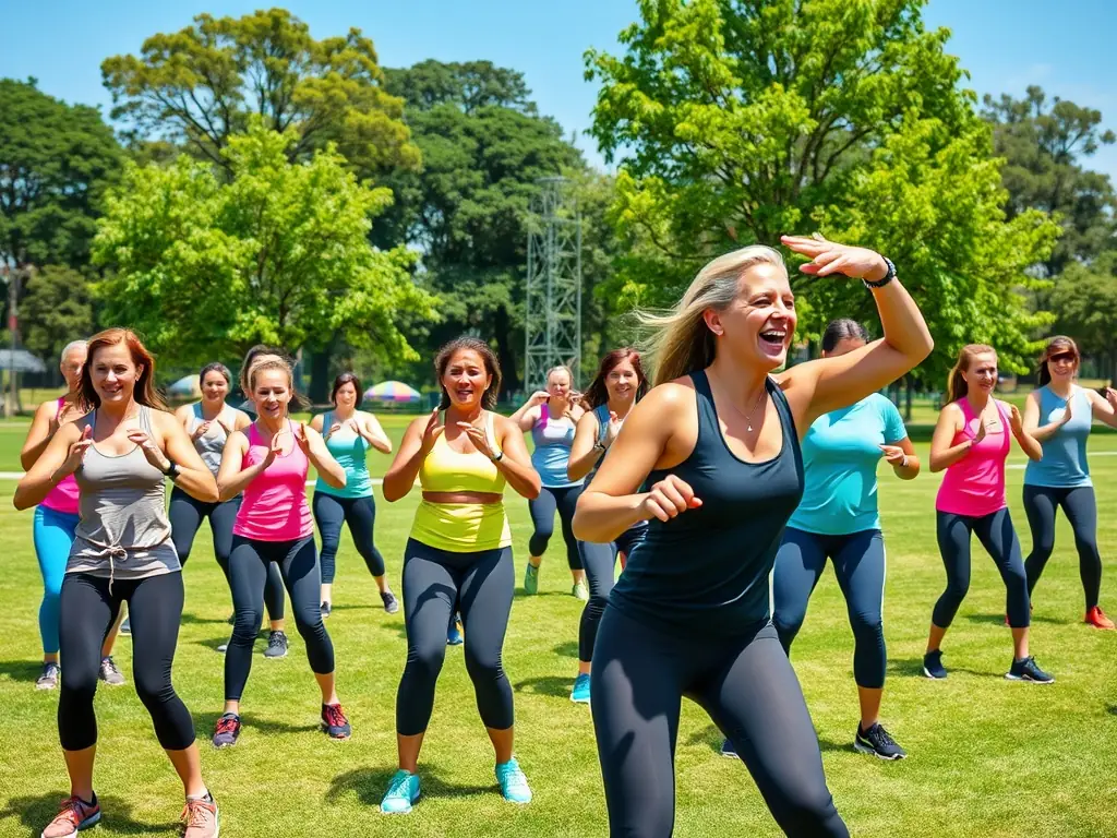 An image of adults participating in a group fitness class outdoors, emphasizing community and healthy lifestyles, with a focus on dynamic movement and smiling faces.