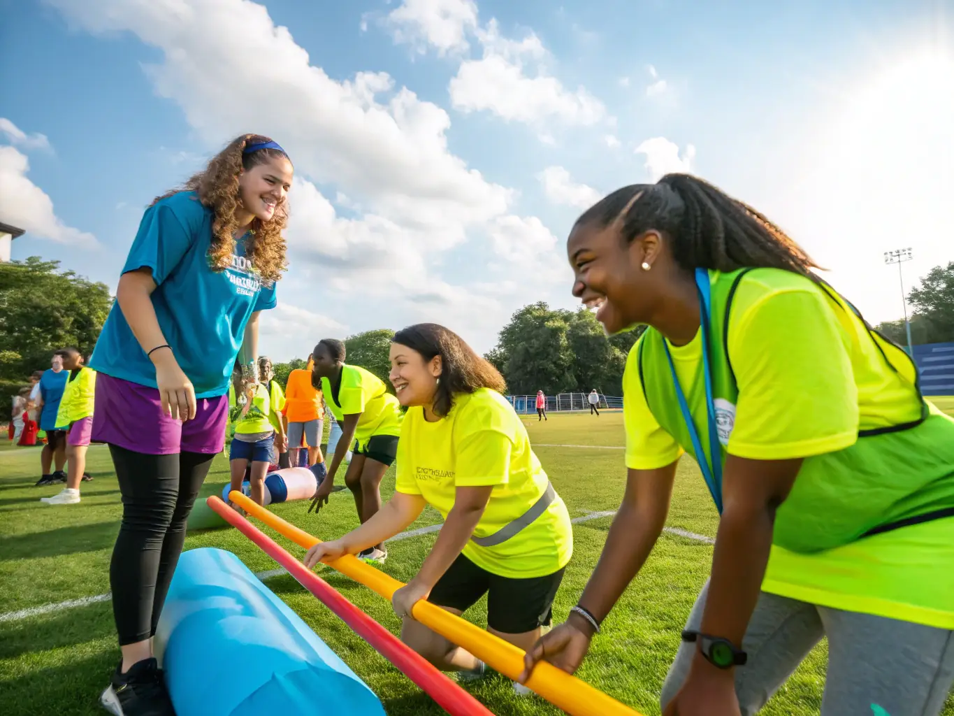 A photo of volunteers and participants working together at a sports event, highlighting the spirit of collaboration and community involvement.