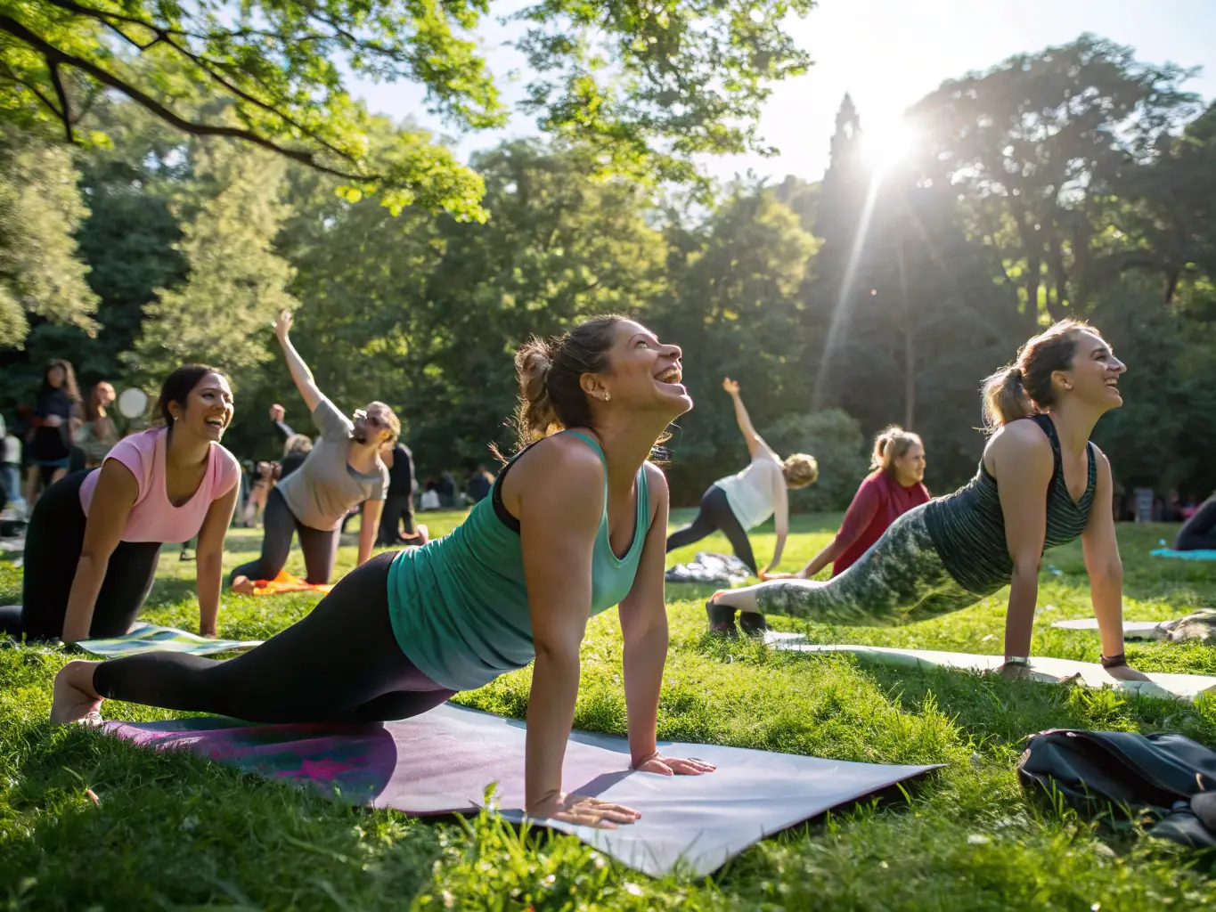 An image of adults participating in a community fitness class in a park, emphasizing the accessibility and inclusivity of adult fitness programs.