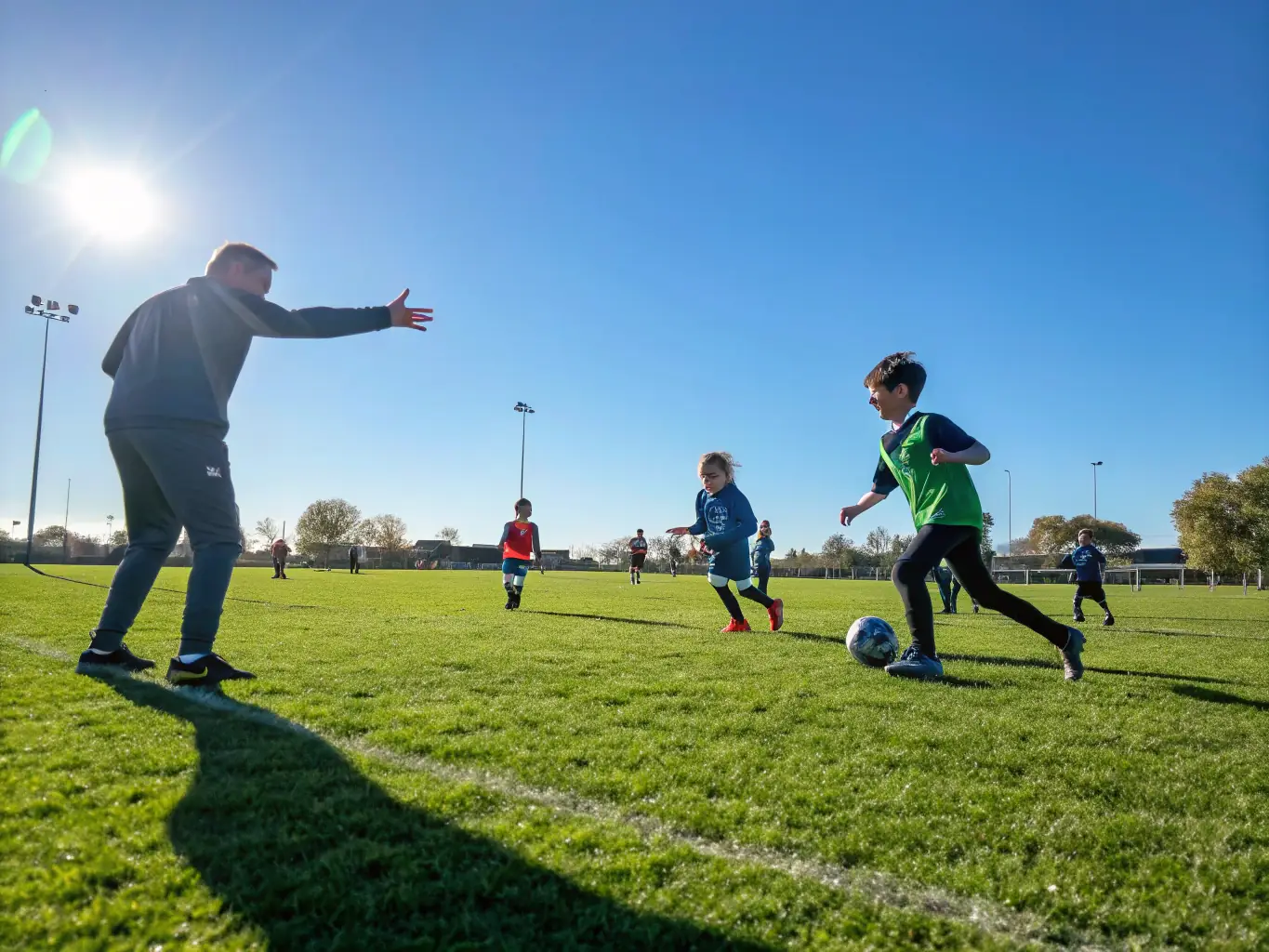 A vibrant image of children participating in a soccer clinic organized by OFFICE DES SPORTS DU RUFFECOIS, showcasing youth engagement and skill development.