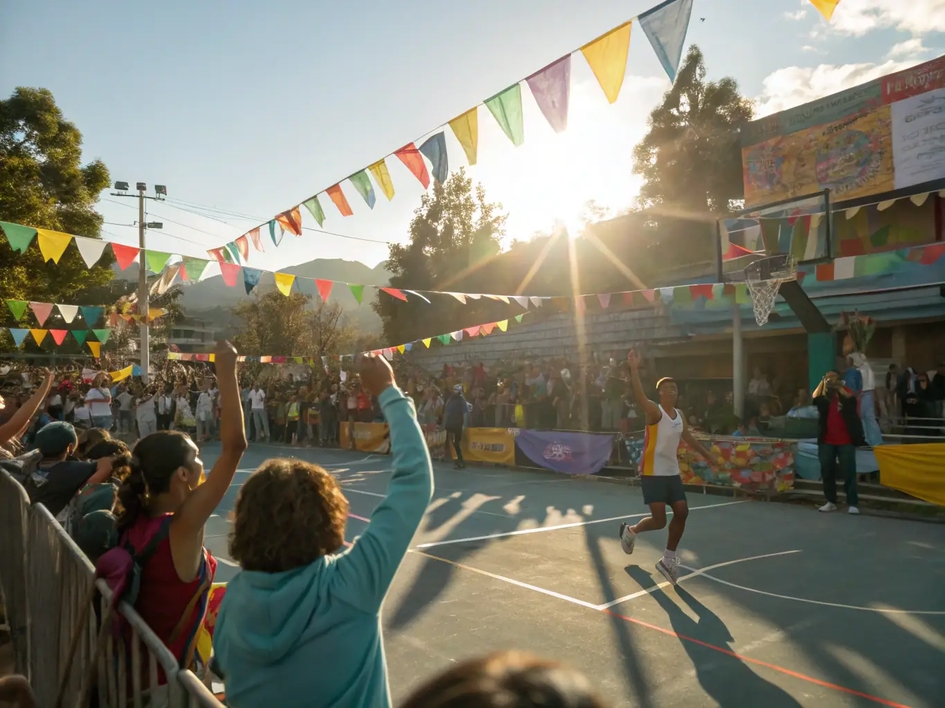 A photo of a local sports event, with participants of all ages and backgrounds competing and cheering, highlighting the community spirit.