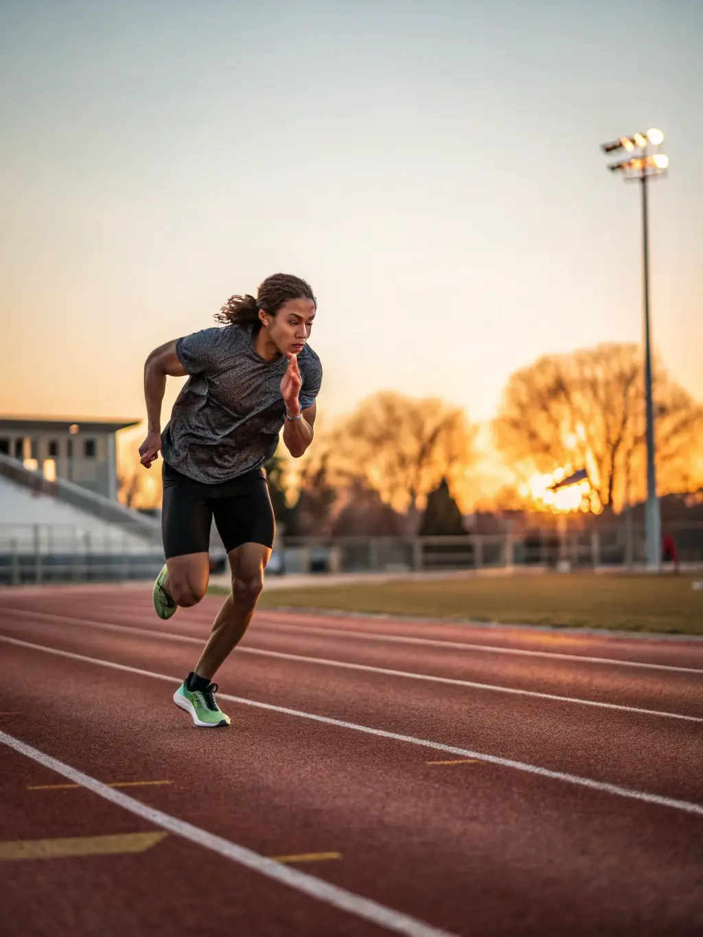 A person smiling while running on a track, with a focus on their healthy posture and energized expression, symbolizing physical fitness.