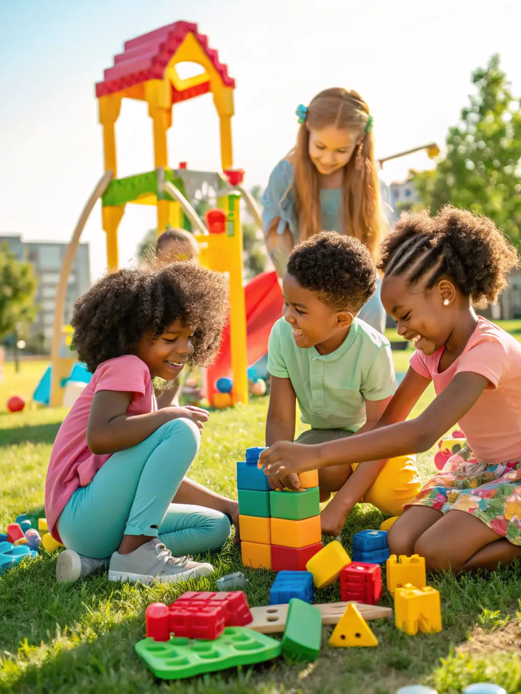 A diverse group of children laughing and playing different sports together in a safe and inclusive environment, emphasizing fun and accessibility.