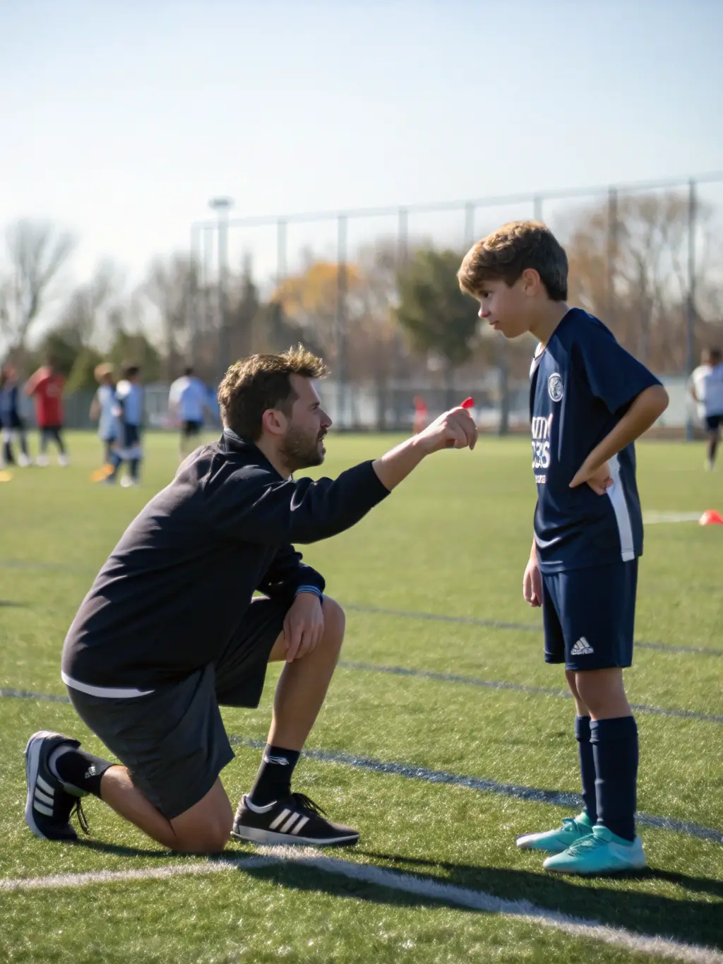 A coach giving instructions to a group of young athletes, demonstrating skill development and mentorship in a positive setting.