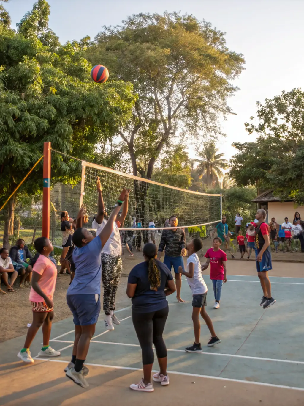 A group of diverse individuals participating in a team sport, such as volleyball, outdoors in a sunny park, showcasing teamwork and camaraderie.