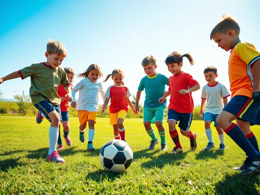 A vibrant image of children participating in a soccer clinic, showcasing teamwork and active engagement, set against a backdrop of a sunny sports field.